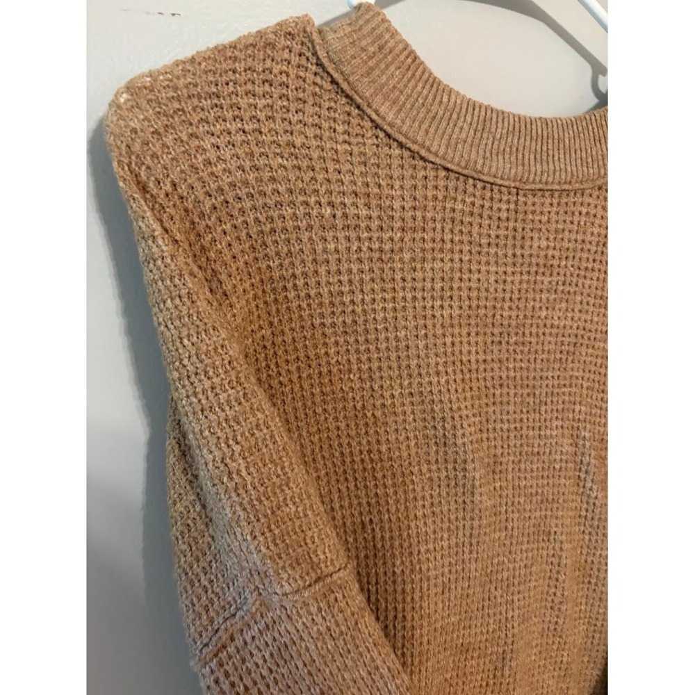 Aerie Waffle Knit Oversized Sweater Tan Brown Crewneck Pullover Womens Small - Picture 2 of 4